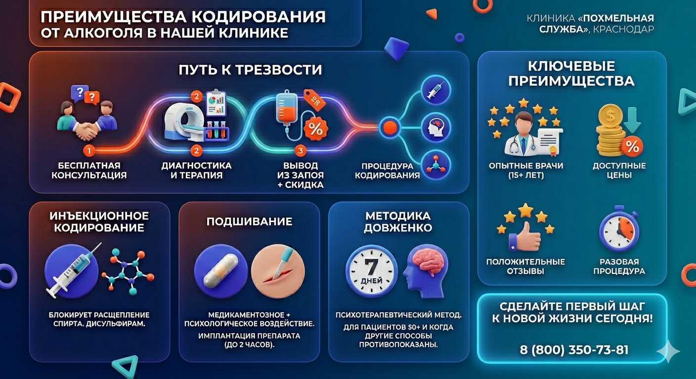 Инфографика о методах кодирования от алкоголя в Парковом: инъекции, подшивание, метод Довженко. Преимущества клиники и этапы лечения.