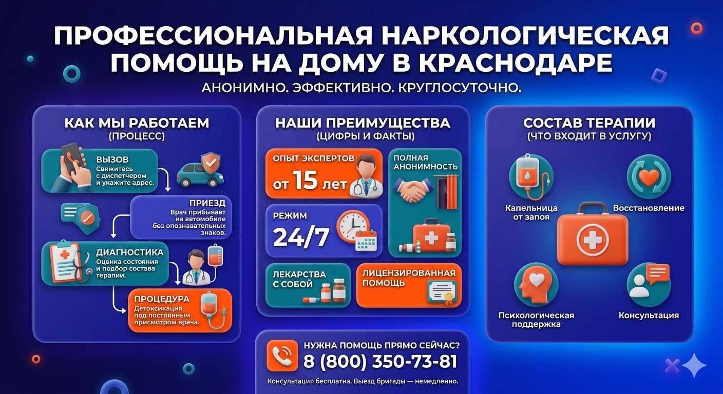 Инфографика о принципах лечения алкоголизма на дому в Парковом: этапы вызова нарколога, преимущества анонимной детоксикации и состав медицинской помощи.